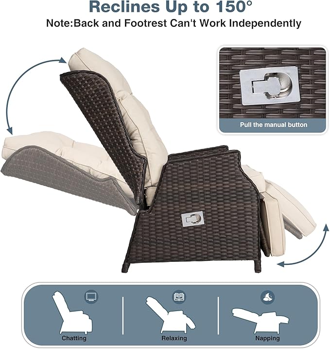 Outdoor Indoor Wicker Recliner with Adjustable Back and Footrest, Patio Reclining Chair with Flip-up Table, Outdoor Rattan Lounge Chair, Beige 2PCS - Image 3