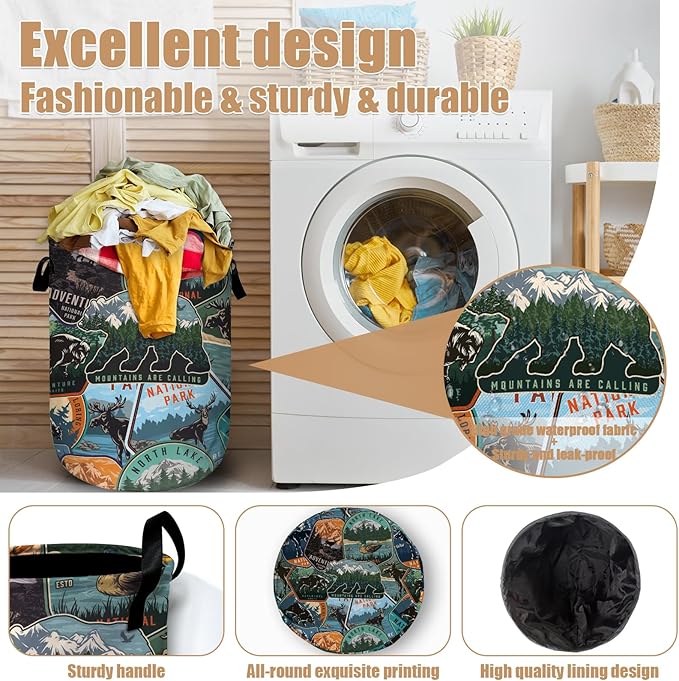 Retro Mountain Bear Laundry Basket, Foldable Wild Animals Laundry Hamper Tote - Image 4