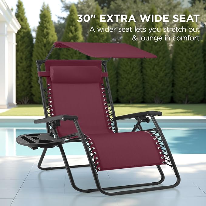 Best Choice Products 30” Wide Folding Zero Gravity Outdoor Recliner Patio Lounge Chair w/Adjustable Canopy Shade, Headrest, Side Accessory Tray - Burgundy - Image 3