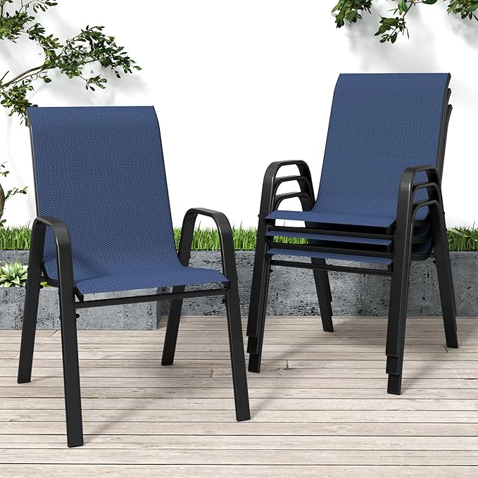 Patio Chairs, Stackable Outdoor Dining Chairs for All Weather Textilene Fabric & Metal Frame, Outdoor Chairs Set for Backyard Deck Garden (Dark Blue, Set of 4) by Vimstora