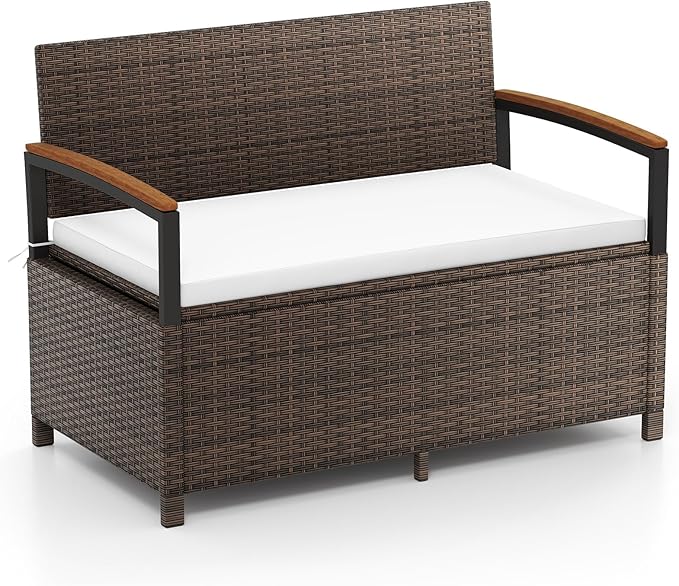 Tangkula 46 Gallon Outdoor Bench with Storage, Outdoor PE Rattan Storage Bench with Cushion, Backrest & Acacia Wood Armrests, Metal Frame, Waterproof Deck Box Seat for Porch Backyard Poolside by TANGKULA