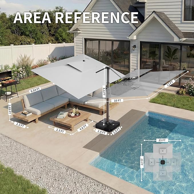 10 X 13 FT Cantilever Patio Umbrella with Led Lights and Base Included Outdoor Heavy Duty Double Top Rectangle Offset Umbrellas with 360-degree Rotation for Pool Deck Backyard, Foggy Grey - Image 4