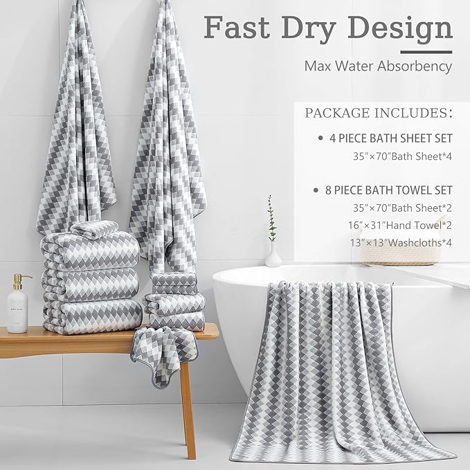 Bath Towel Set Gray 4Pack-35x70 Towel, 600GSM Ultra Soft Microfibers Bathroom - Image 4