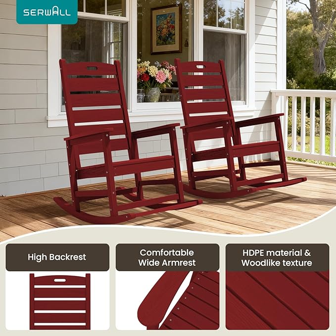 SERWALL Outdoor Rocking Chair Set of 2, Oversized Rocking Chair with Footboard for Adults, HDPE All Weather Resistant Rocking Chairs for Patio, 350lbs Weight Capacity,Red - Image 9