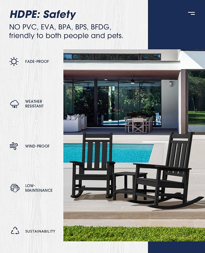 KINGYES Oversized Outdoor Rocking Chair Set of 2, All-Weather Patio Rocking Chairs for Porch, HDPE Outdoor Patio Rockers with High Back & Wide Seat for Garden, Lawn, Black - Image 8