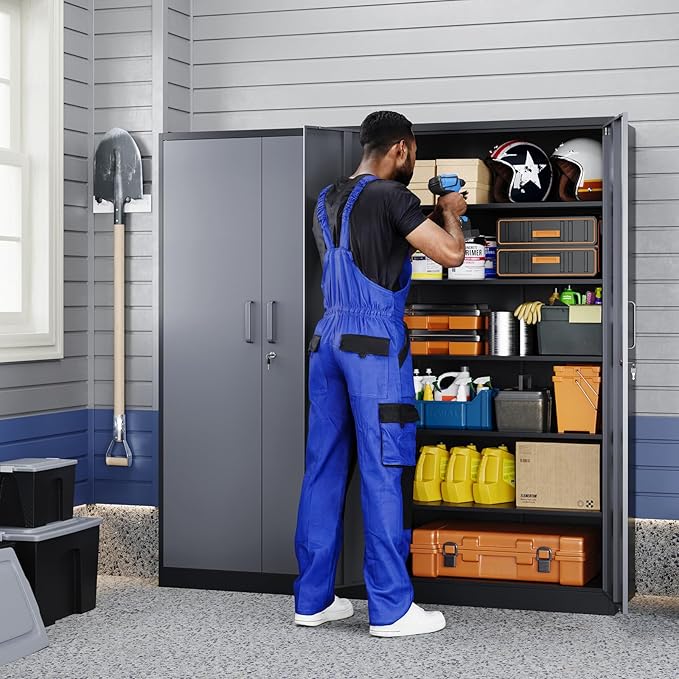 Yizosh Metal Garage Storage Cabinet with 2 Doors and 5 Adjustable Shelves - 71" Steel Lockable File Cabinet,Locking Tool Cabinets for Office,Home,Garage,Gym,School (Gray Black) - Image 2