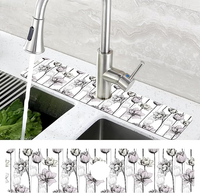 Water Lily Flower Kitchen Sink Splash Guard Mat Absorbent Fast Drying Mat - Image 4