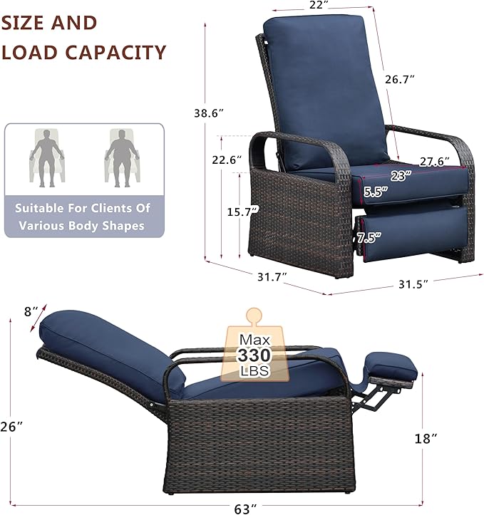 Art to Real Outdoor Wicker Recliner Chair with 5.5'' Cushions, Automatic Adjustable Patio Lounge Chairs, Aluminum Frame Reclining Chair for Lawn Backyard Porch Poolside Deck(Navy Blue) - Image 3