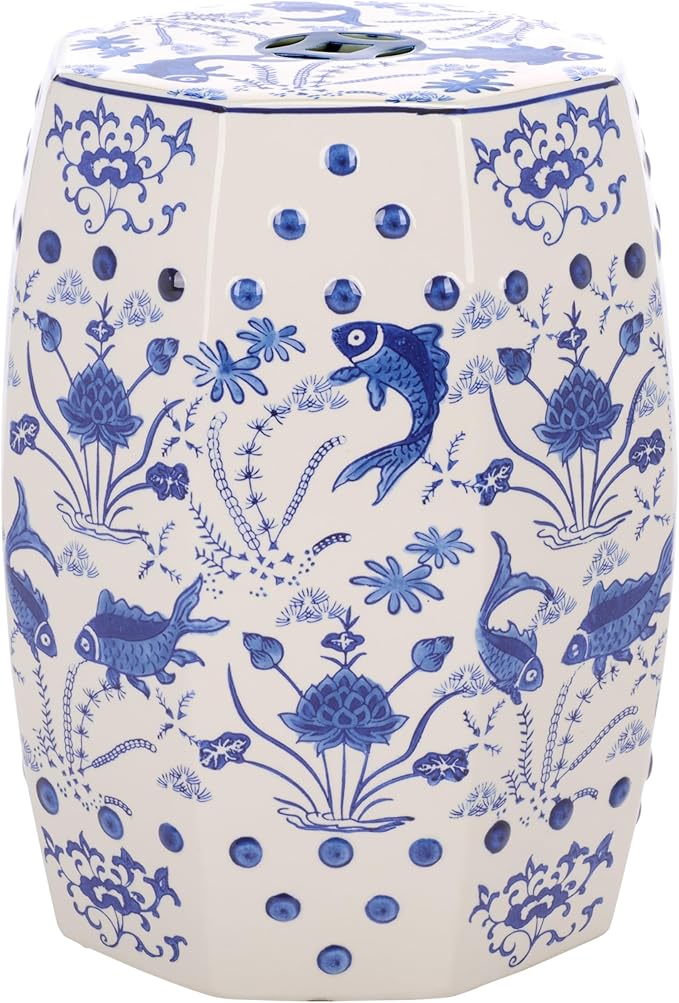 Safavieh Castle Gardens Collection Glazed Ceramic Blue Cloud 9 Chinoiserie Garden Stool - Image 3