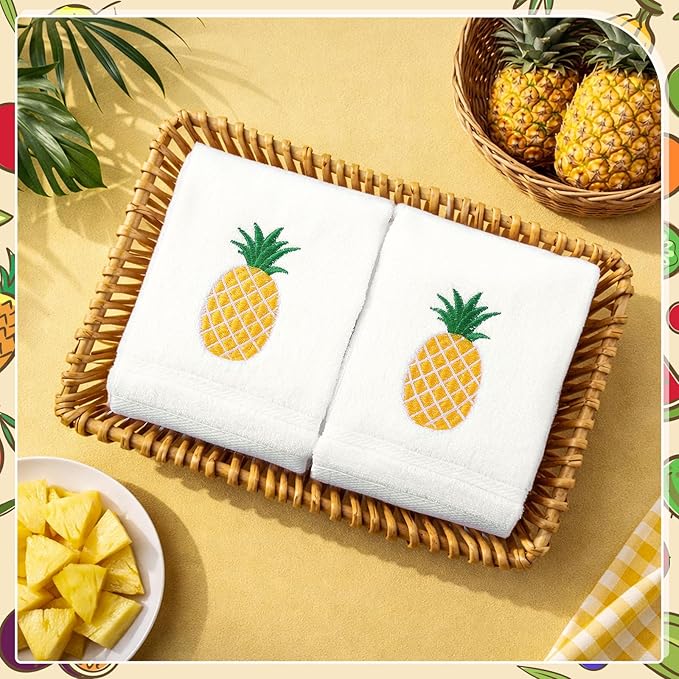 2 Pcs Pineapple Hand Towels White-Yellow Bathroom Decor 14x29 Inch Embroidered - Image 2