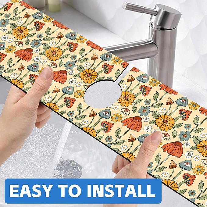 Abstract 70s Mushroom Floral Sink Faucet Absorbing Mat Sink Splash Guard Faucet - Image 6