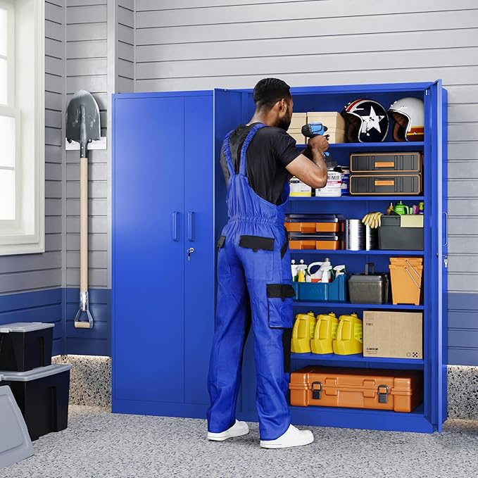 Yizosh Metal Garage Storage Cabinet with 2 Doors and 5 Adjustable Shelves - 71" Steel Lockable File Cabinet,Locking Tool Cabinets for Office,Home,Garage,Gym,School (Blue) - Image 2