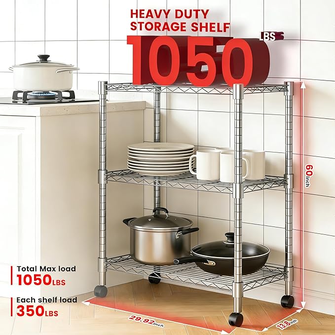 Xcity Storage Shelves, 3 Tier Heavy Duty Metal Shelving Unit with Wheels, 1050 LBS Capacity Adjustable Steel Wire Shelf Organizer for Pantry, Kitchen, Garage, 14" D x 24" W x 30" H, Chrome - Image 2