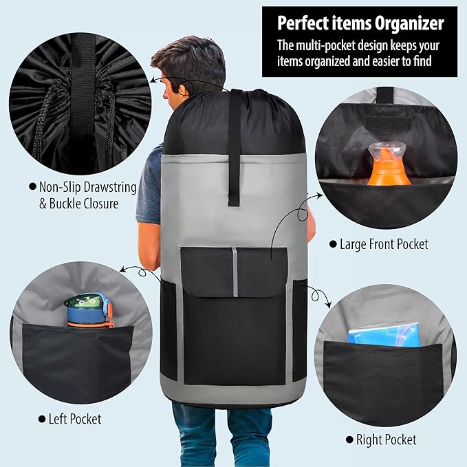 BeeGreen Grey-Black-Laundry-Bag-Backpack-Extra-Large-Heavy-Duty, 125L Portable - Image 4