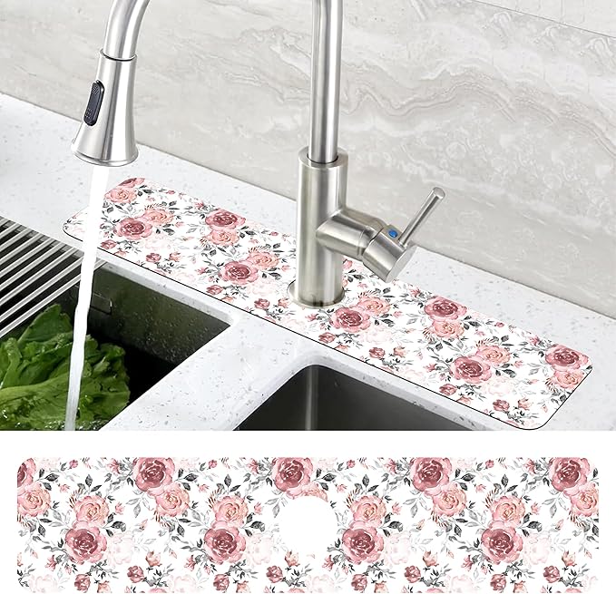 Pink Rose Floral Kitchen Sink Splash Guard Mat Absorbent Fast Drying Mat Faucet - Image 4