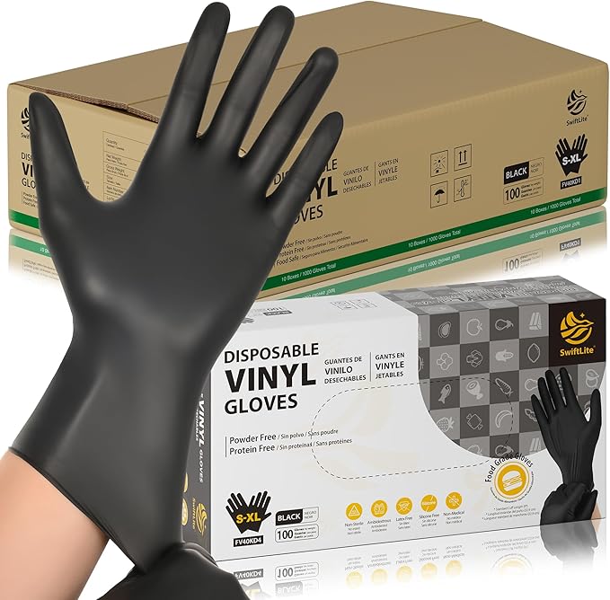 Black Vinyl Gloves, Food Grade Gloves Disposable Latex Free & Powder Free by SWIFTLITE