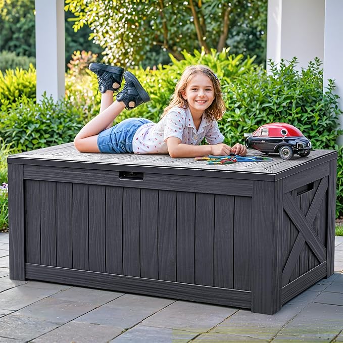 Flamaker Resin Deck Box 120 Gallon Waterproof Large Outdoor Indoor Storage Box Imitation Wood Resin for Patio Furniture Garden Tools and Pool (Gray) - Image 8