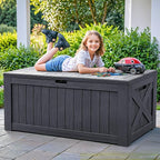 Flamaker Resin Deck Box 120 Gallon Waterproof Large Outdoor Indoor Storage Box Imitation Wood Resin for Patio Furniture Garden Tools and Pool (Gray) - Image 8