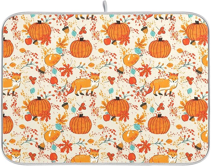 Fall Fox Dish Drying Mat for Kitchen Countertop 18x24 Autumn Chestnuts Pumpkin by Wamika