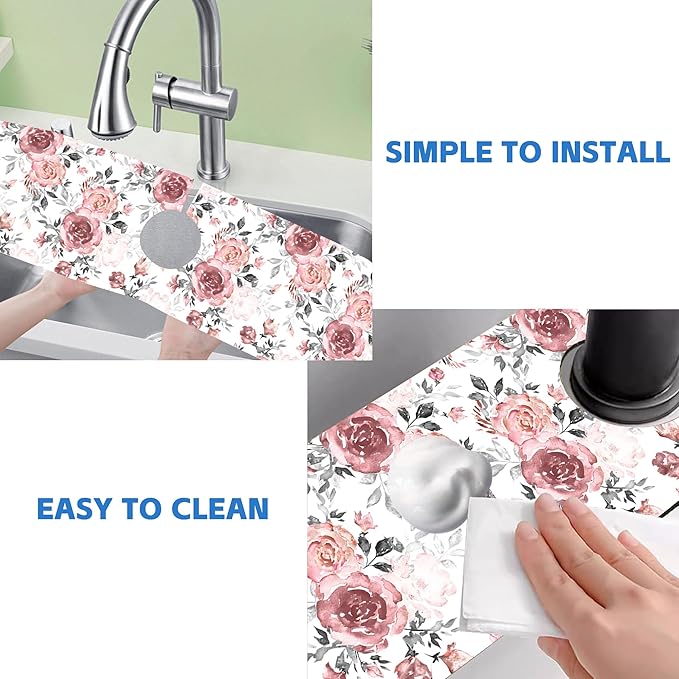 Pink Rose Floral Kitchen Sink Splash Guard Mat Absorbent Fast Drying Mat Faucet - Image 5