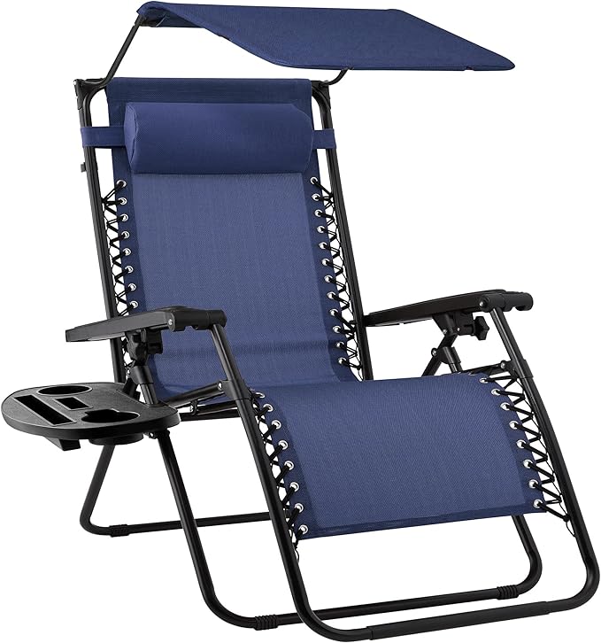 Best Choice Products Folding Zero Gravity Outdoor Recliner Patio Lounge Chair w/Adjustable Canopy Shade, Headrest, Side Accessory Tray, Textilene Mesh - Navy Blue by BestChoiceProducts