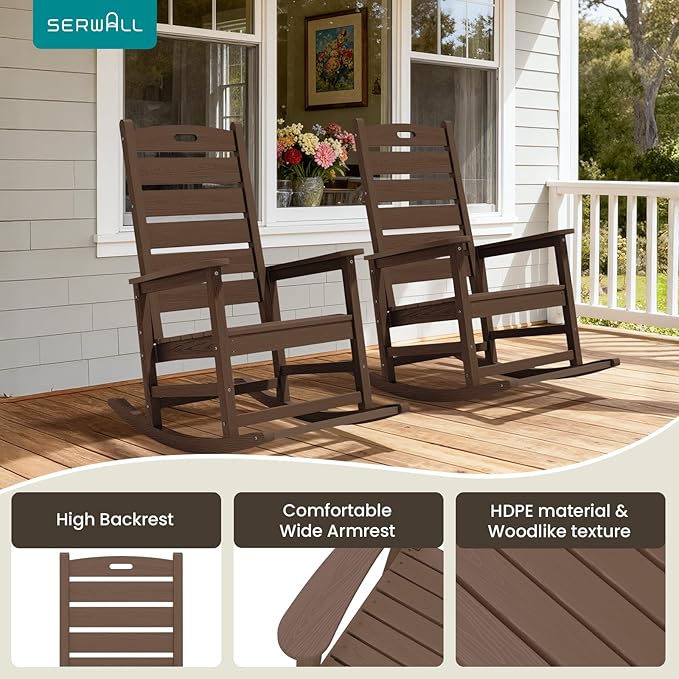 SERWALL Outdoor Rocking Chair, Oversized Rocking Chair with Footrest for Adults, HDPE All Weather Resistant Rocking Chairs for Patio, 350lbs Weight Capacity, Brown - Image 6