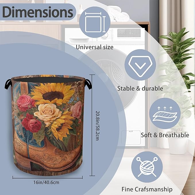 Cowboy Boots Laundry Basket, Wooden Sunflowers Foldable Oxford Cloth Tote Bag - Image 2