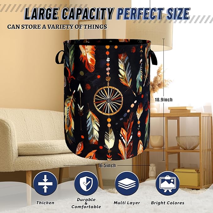 Boho Feather Printed Laundry Basket Foldable Oxford Cloth Colorful Laundry - Image 3