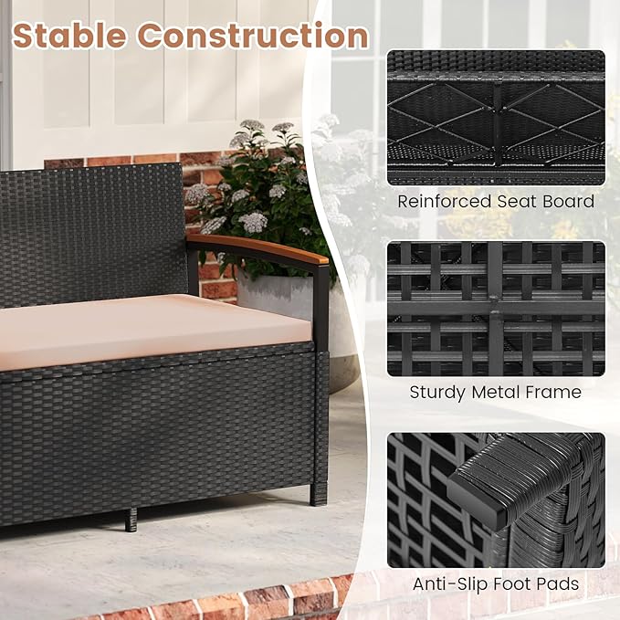 Tangkula 46 Gallon Outdoor Bench with Storage, Outdoor PE Rattan Storage Bench with Cushion, Backrest & Acacia Wood Armrests, Metal Frame, Waterproof Deck Box Seat for Porch Backyard Poolside - Image 6