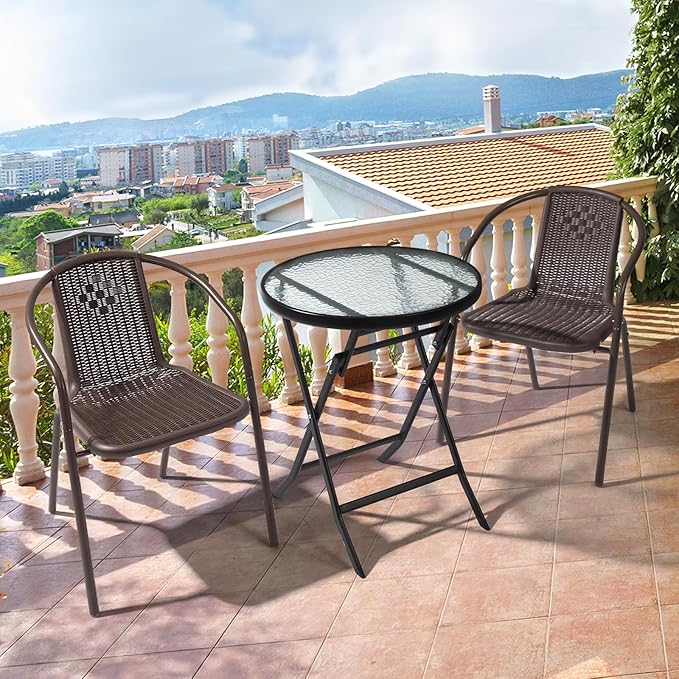 VINGLI PE Rattan Outdoor Dining Chairs Set of 2, Plastic Stackable Patio Chairs for Indoor, Porch, Restaurant, Garden, Brown - Image 2