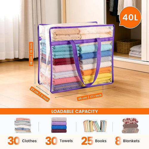 10 Pack Clear Clothes Storage Bags, Double Zipper Design 40L Underbed Moving - Image 2