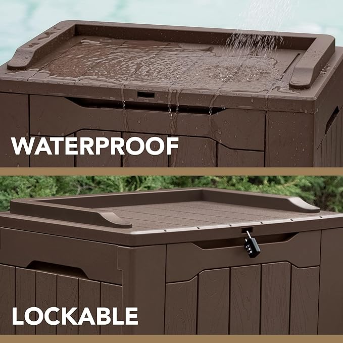 Devoko 30 Gallon Resin Deck Box Outdoor Indoor Waterproof Storage Box for Patio Furniture Pool Accessories Storage for Cushion Garden Tools (30 Gallon, Brown) - Image 2