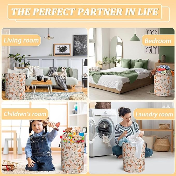 Forest Little Animal Laundry Hamper Bag, Deer Squirrel Hedgehog Fox Round - Image 7