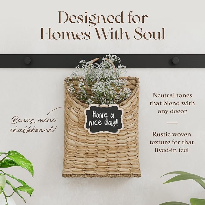 Boho Woven Wall Hanging Basket – Water Hyacinth Flat Back Basket - Image 2
