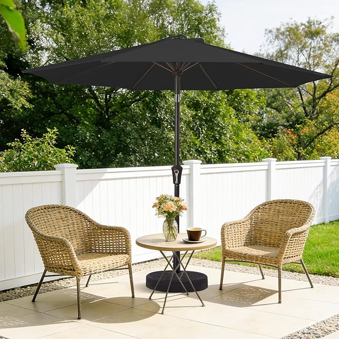 MEWAY 9ft Patio Umbrella Outdoor Table Umbrellas with Push Button Tilt and Crank, Market Umbrella 8 Sturdy Ribs for Deck, Garden, Pool and Backyard, Black - Image 2