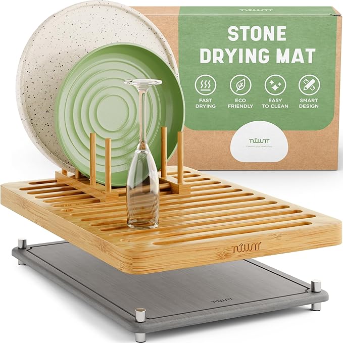 NIUM Stone Drying Mat for Kitchen Counter & Bamboo Rack by Elevateyoureveryday