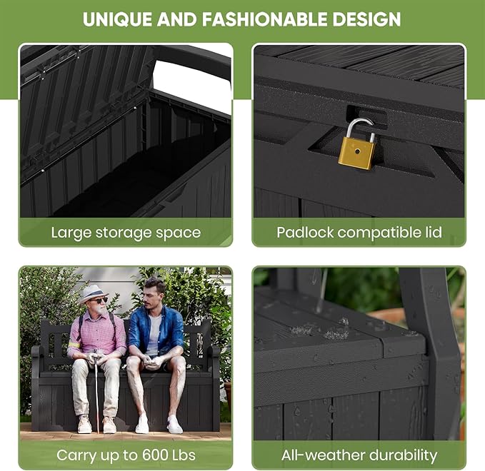 Patiowell 75 Gallon Plastic Storage Bench, Water-Resistant Deck Box for Patio Furniture, Garden Tools, Pool Storage and Outdoor Cushions, Black - Image 6