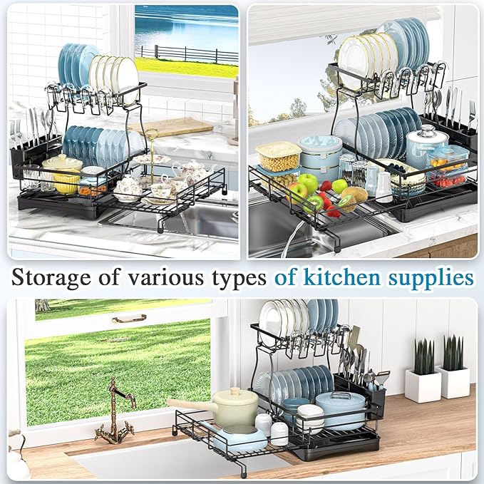 2 Tier Dish Drying Rack, Large Extendable Dish Racks - Image 4