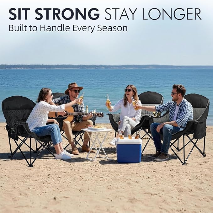 Oversized Camping Chair for Adults - Heavy Duty Outdoor Padded Large Lawn Camp Chair with Cup Holder Cooler Pockets for Sports Beach Fishing Garden Portable Supports 500lbs, AllBlack 2 Pack - Image 6