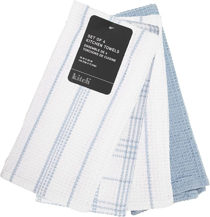 MosJos Kitchen Towels Set of 4 Dish Towels Blue n White Waffle Weave Cotton - Image 9