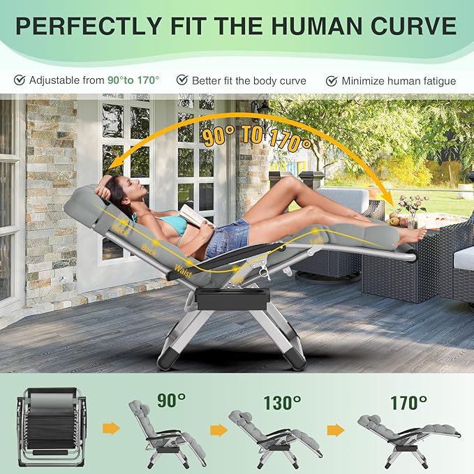 Suteck Oversized Zero Gravity Chair,33In XXL Outdoor Recliner Chair w/Removable Cushion&Headrest, Camping Lounge Chair w/Upgraded Lock&Footrest, Reclining Patio Chairs for Indoor Outdoor,500LBS - Image 4