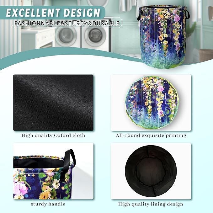 Beautiful Blue Green Floral Laundry Basket Foldable - Image 4