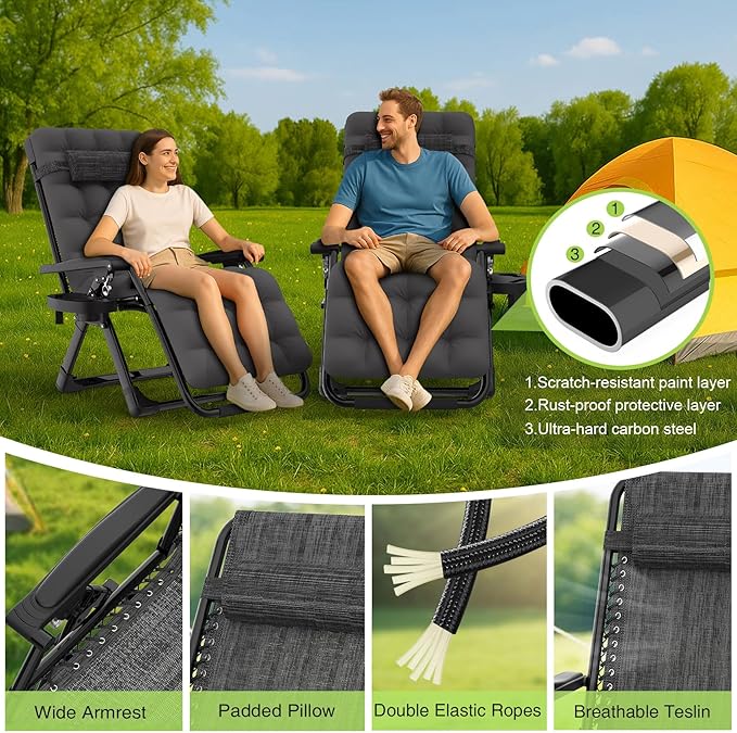 Suteck Zero Gravity Chair, Reclining Camping Lounge Chair w/Removable Cushion, Upgraded Lock and Cup Holder, Reclining Patio Chairs Folding Recliner for Indoor and Outdoor - Image 6