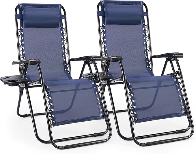 Sweetcrispy Zero Gravity Chairs, Set of 2 Portable Recliner Beach Camping Patio Outdoor Folding Lounge Chair with Cup Holder Trays and Adjustable Pillow for Poolside, Garden, Backyard, Lawn (Blue) by Sweetcrispy