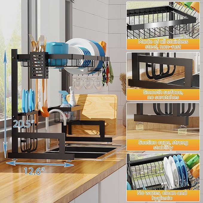 PUSDON Over Sink Dish Drying Rack Stainless Steel, Adjustable Large Dish Drainer - Image 3