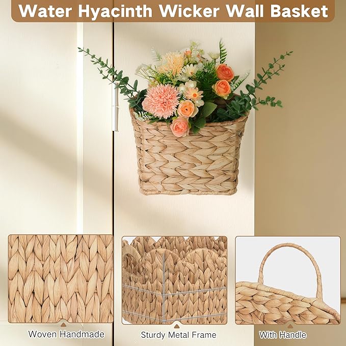 Set of 2 Hanging Basket, Wicker Wall Basket Natural Water Hyacinth, Hanging - Image 5