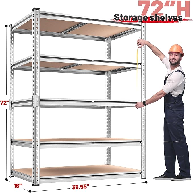 REIBII 2020LBS Garage Shelving Heavy Duty Metal Shelving 5 Tier Storage Shelves, Garage Shelves for Basement, Warehouse, Pantry, Closet, Kitchen, 72" H x 35.55" W x 16" D, Galvanized, 4 Pack - Image 3