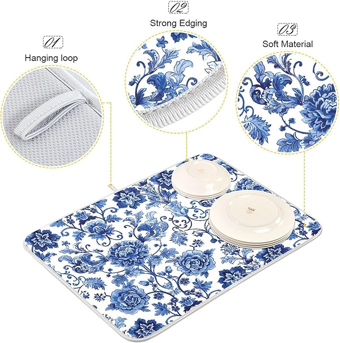Blue White Porcelain Peony Dish Drying Mat - Image 4