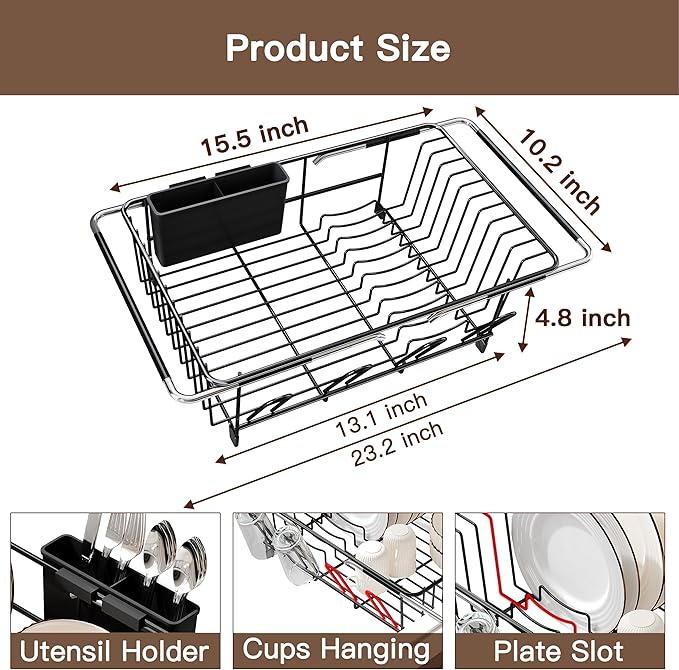 Over the Sink Expandable Dish Drainer Drying Rack In Stainless Steel - Image 2