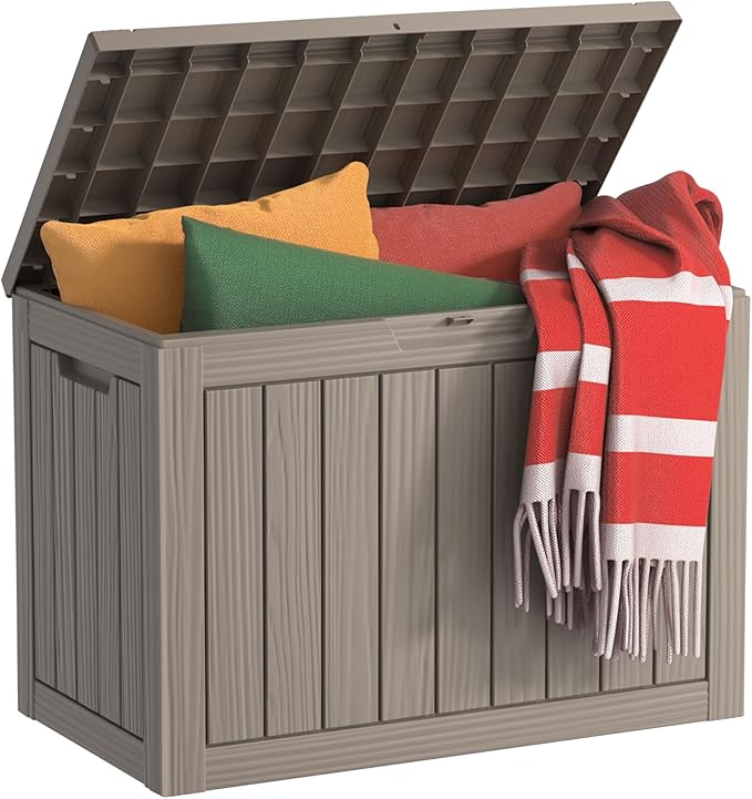 EasyUp 45 Gallon Outdoor Storage Box, Resin Waterproof UV-Resistant Deck Box, Reinforced Stability for Patio, Garden, and Poolside, Striped Gray by EASYUP